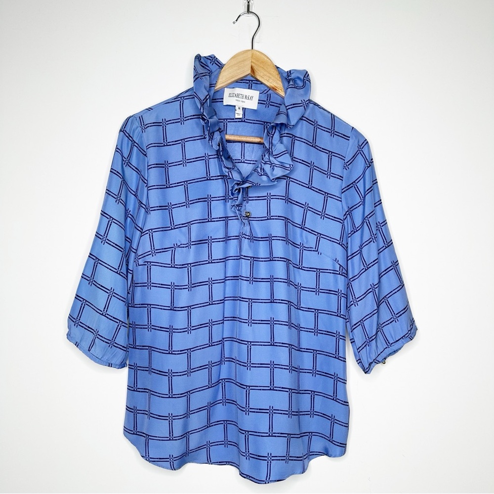 Elizabeth McKay 100% Silk Ruffle Neck Blouse Blue Geo Bamboo Print Size 8